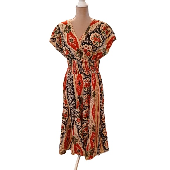 J. Peterman Dresses & Skirts - J. Peterman Womens 12 Cotton Floral Paisley Smocked Waist Midi Dress Red Black